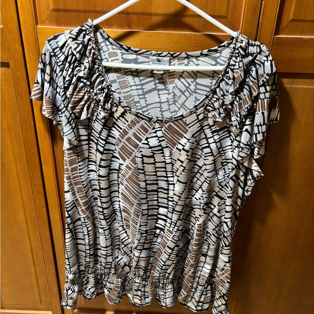 Worthington Black, Brown and White Ruffled Blouse with Short Sleeve